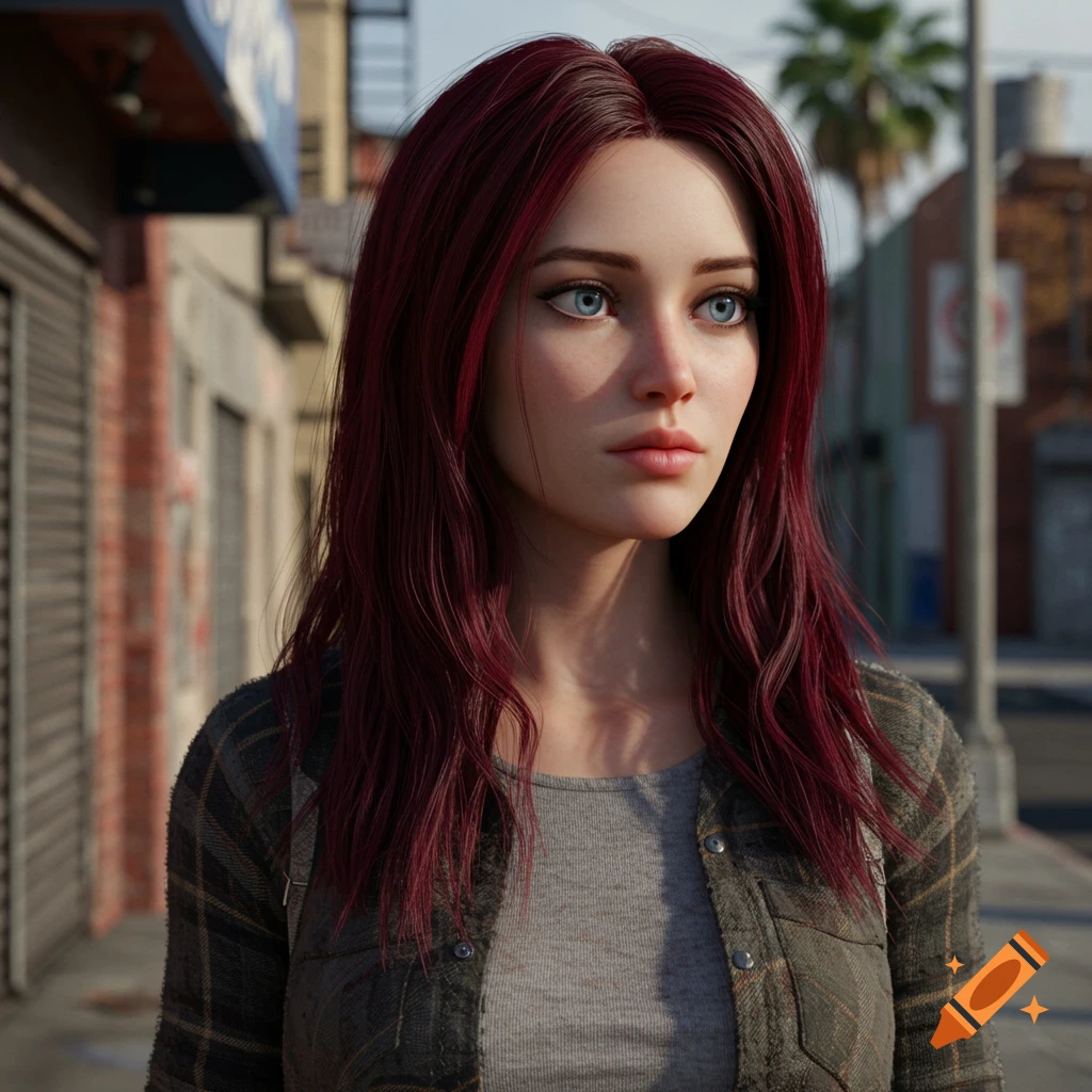A young woman with burgundy hair and blue eyes stands on a city sidewalk, 3D render.
