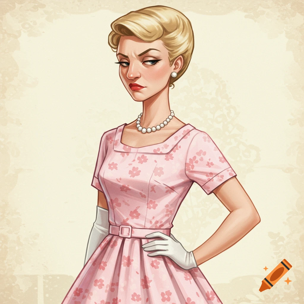 A woman in a pink floral 1950s dress, looking down with a haughty expression.