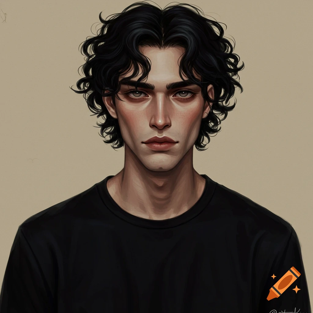 Portrait of a man with black curly hair and a black t-shirt.