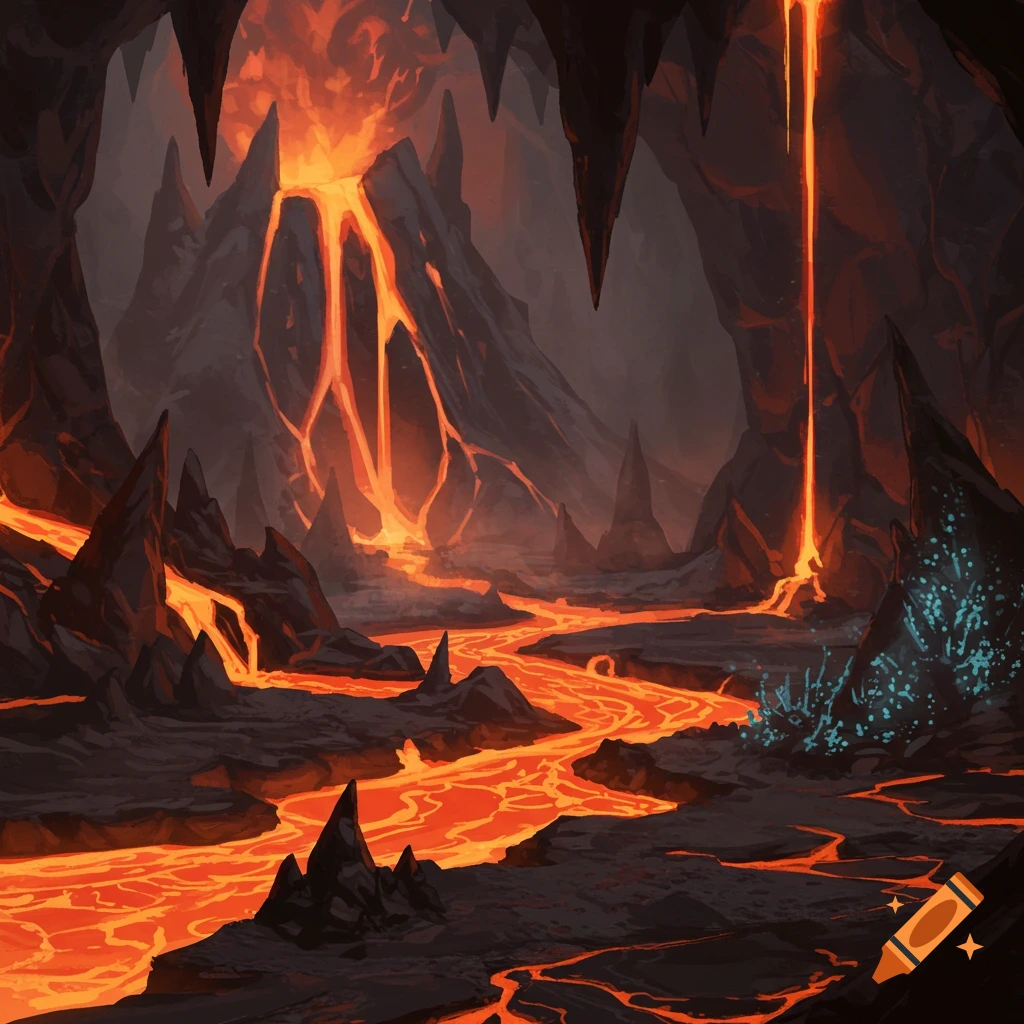 A volcanic cavern interior with lava flows and glowing blue crystals.