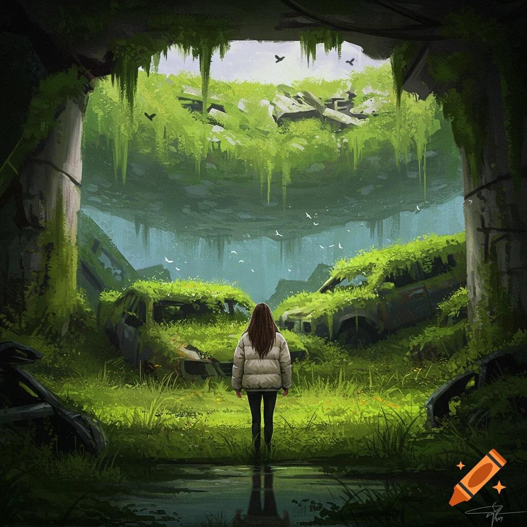A figure stands in a post-apocalyptic underground world filled with overgrown, abandoned cars.