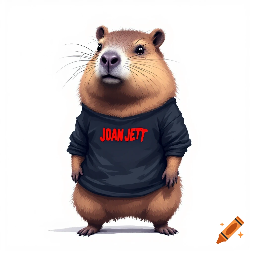 A capybara wearing a dark t-shirt with JOAN JETT in red letters.