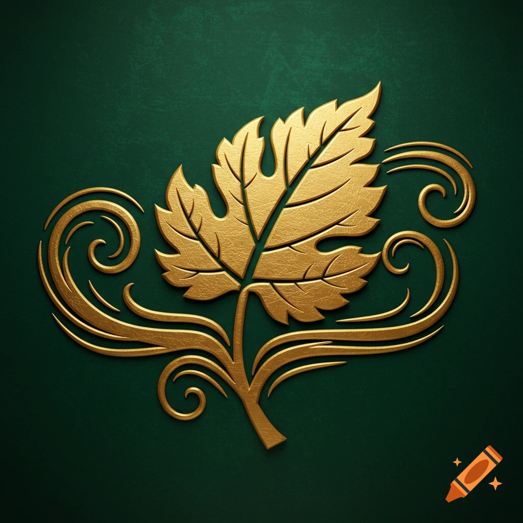 A golden leaf motif with swirling tendrils on a dark green background.
