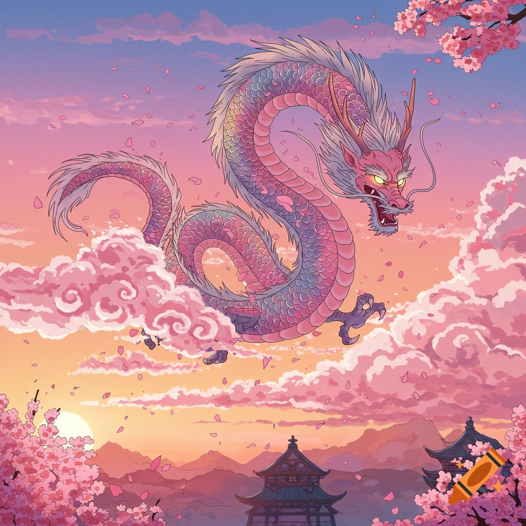 A pink and blue dragon flies through a sunset sky with clouds, sakura petals, and Japanese temples.