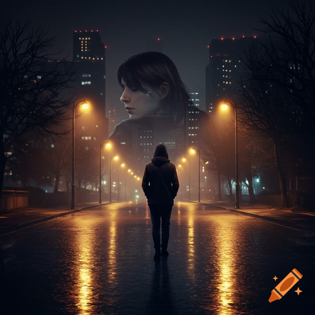 A figure walks away on a wet city street at night, with a faint face overlaid above buildings.