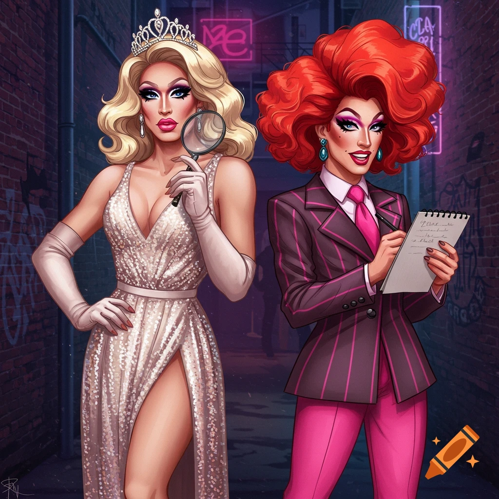 Digital illustration of two drag queens, one holding a magnifying glass, the other a notebook, in an alleyway.