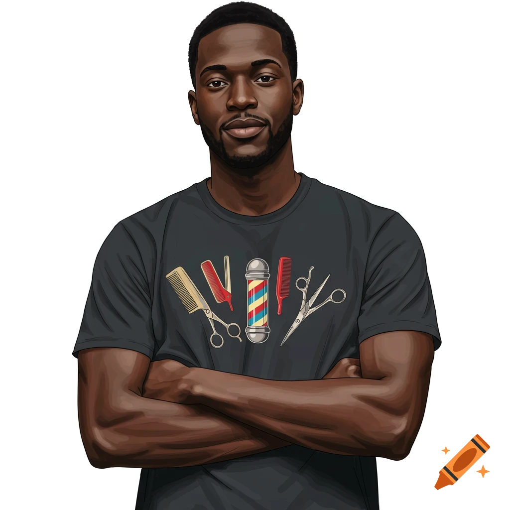 Painting of a man wearing a t-shirt with barber tools.