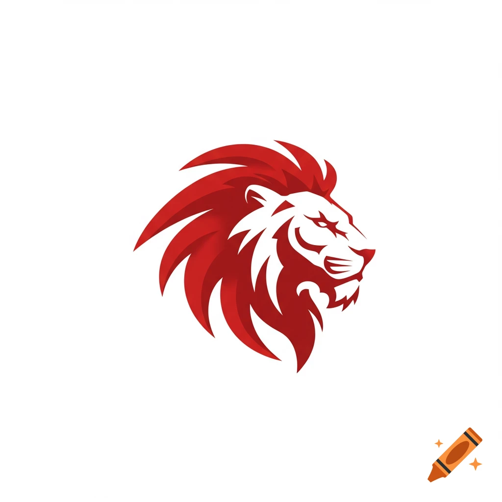 Red and white graphic logo of a lion's head in profile