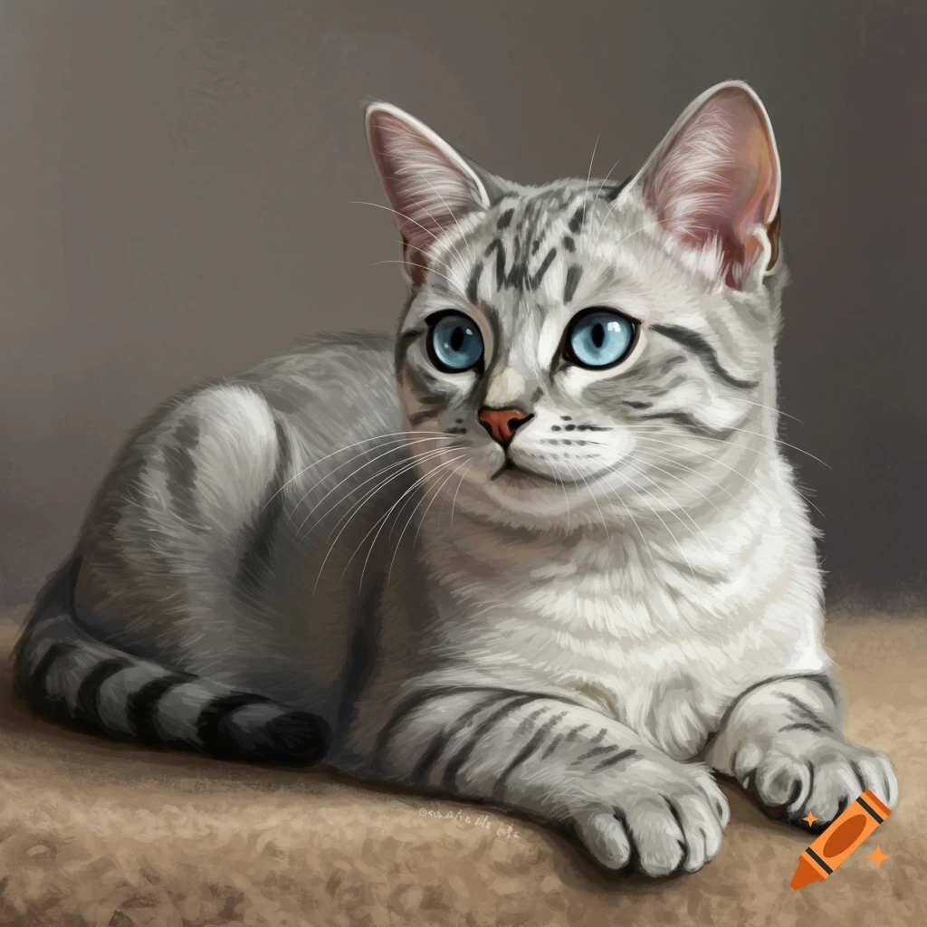A silver tabby cat with light blue eyes lying down.