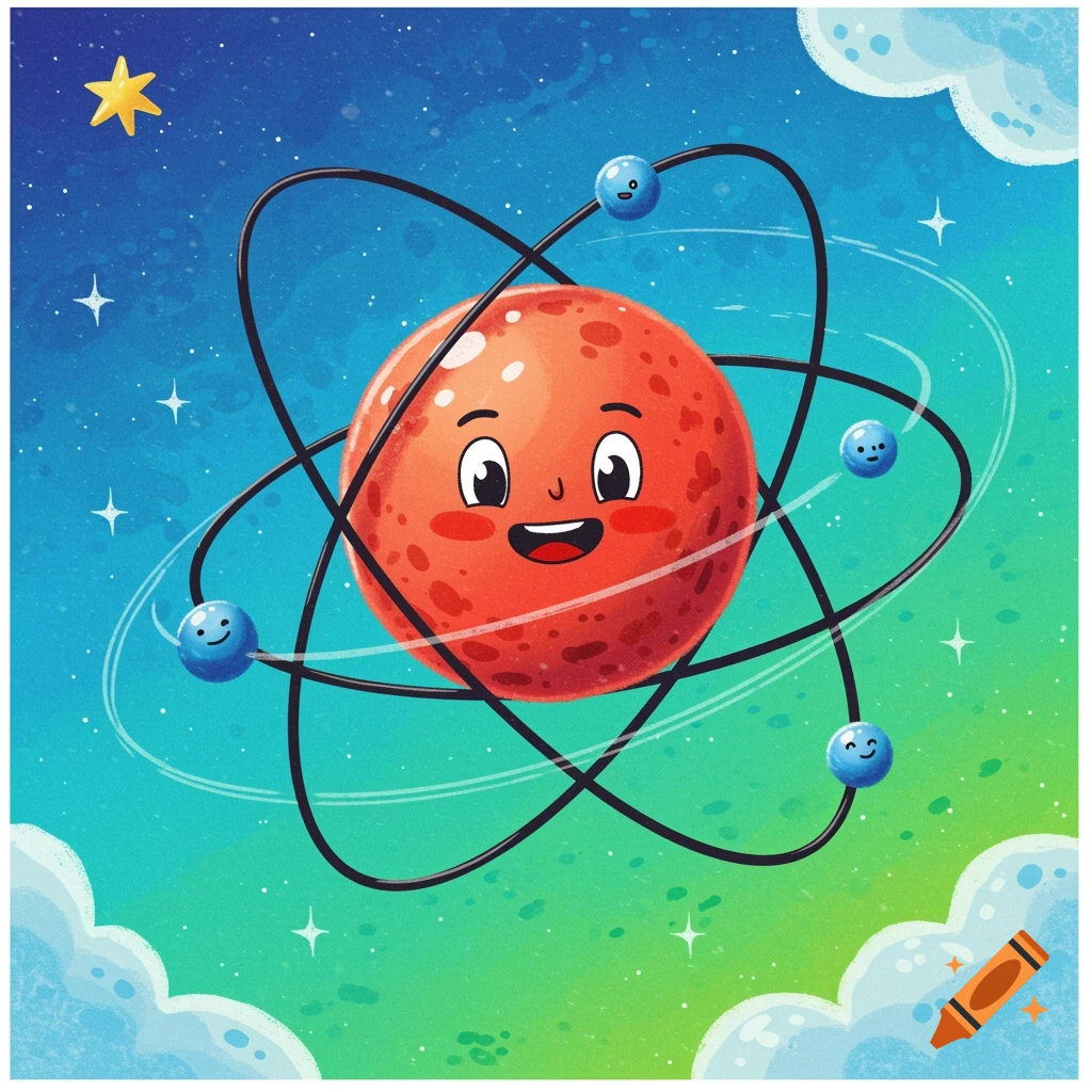 Cartoon illustration of a friendly atom with orbiting electrons in space.