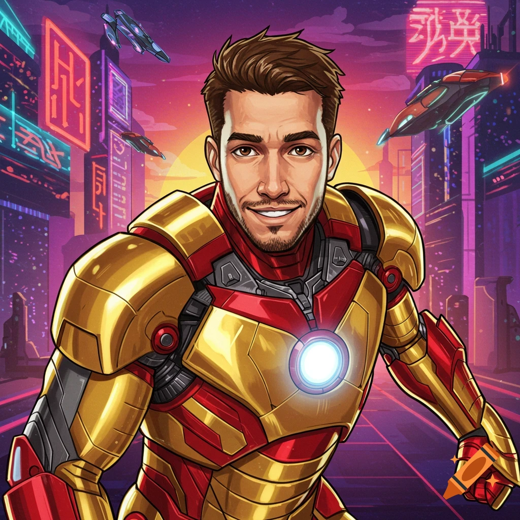 A man in an Iron Man suit in a futuristic city at sunset.
