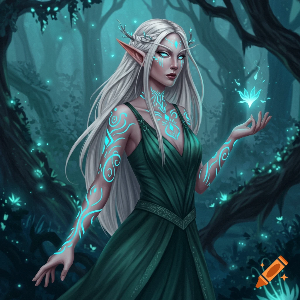 Fantasy portrait of an elf woman with glowing tattoos and eyes holding a glowing plant in a forest.