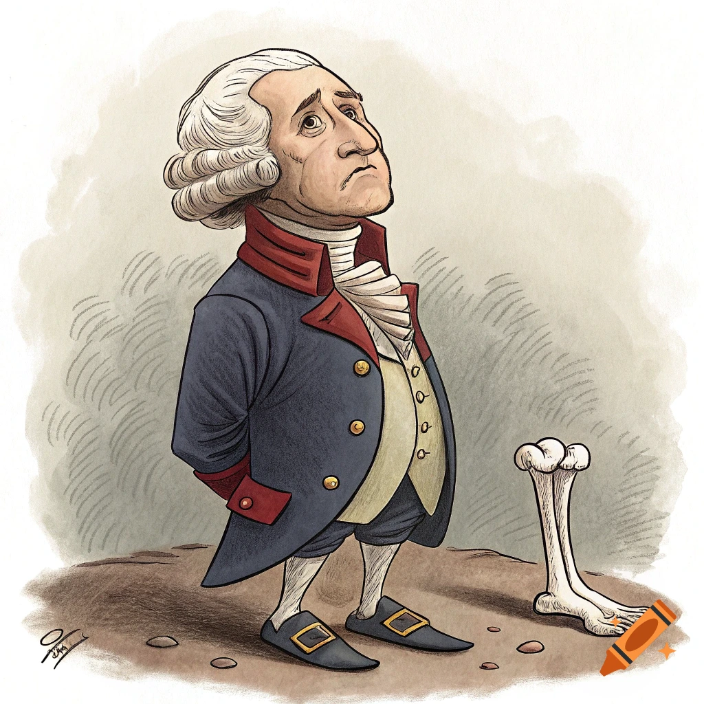 Caricature of George Washington looking up, standing next to a detached leg bone with a hinged foot.