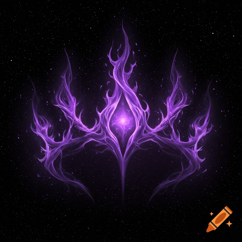 An ethereal purple energy shape resembling a crown against a starry space background.