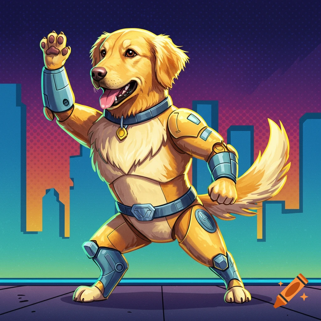 A golden retriever action figure is in a superhero pose against a city background.
