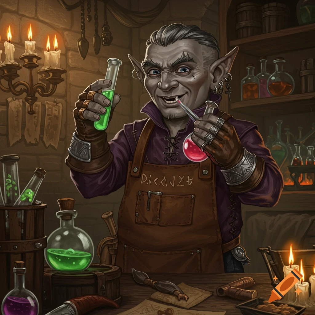 A grey-skinned fantasy creature in an apron mixing potions in a workshop.