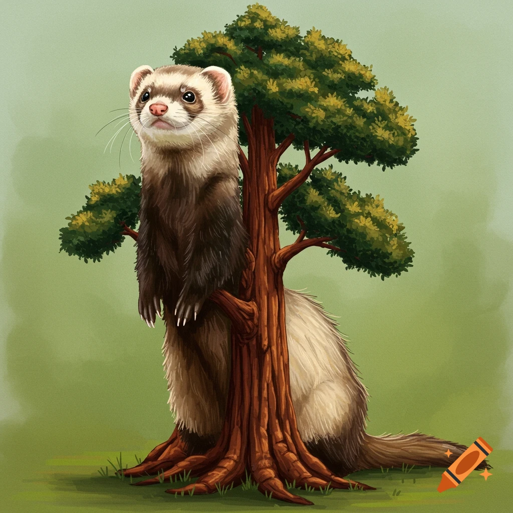 A ferret is standing upright and holding a tree trunk.