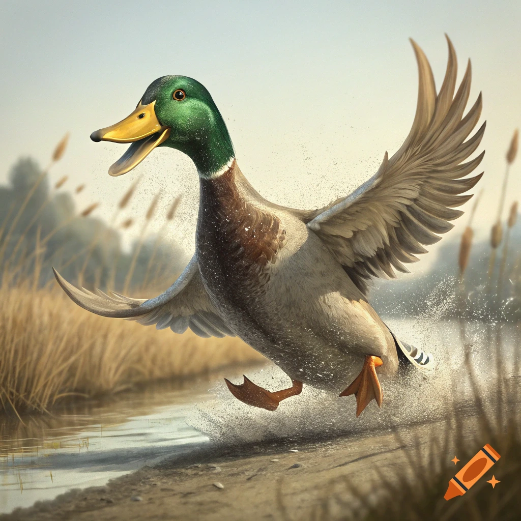 A mallard duck runs and splashes through shallow water in a wetland.