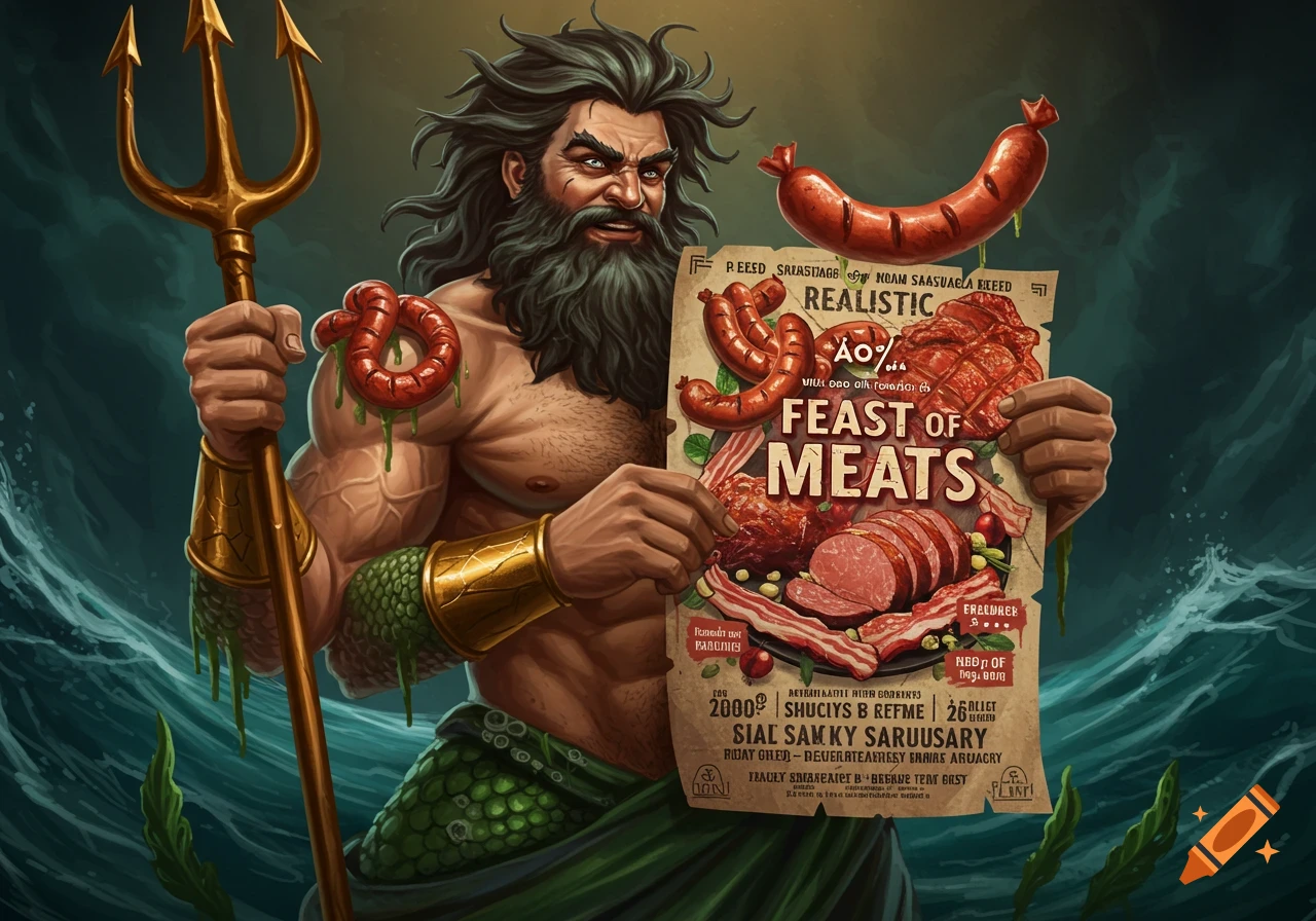 Painting of a Poseidon-like god of meat and sausages holding a poster in the ocean.