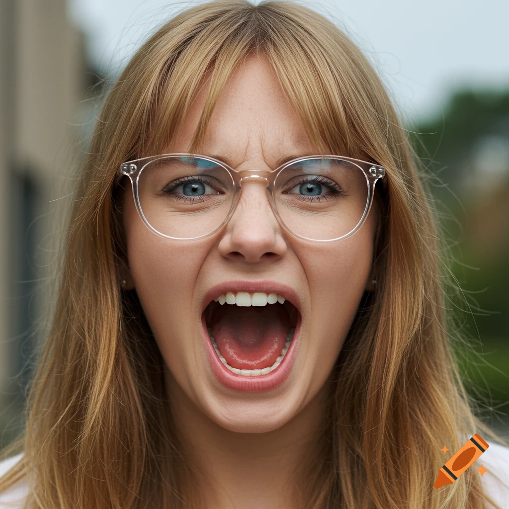 A young woman with blonde hair, bangs, and glasses yells at the camera.