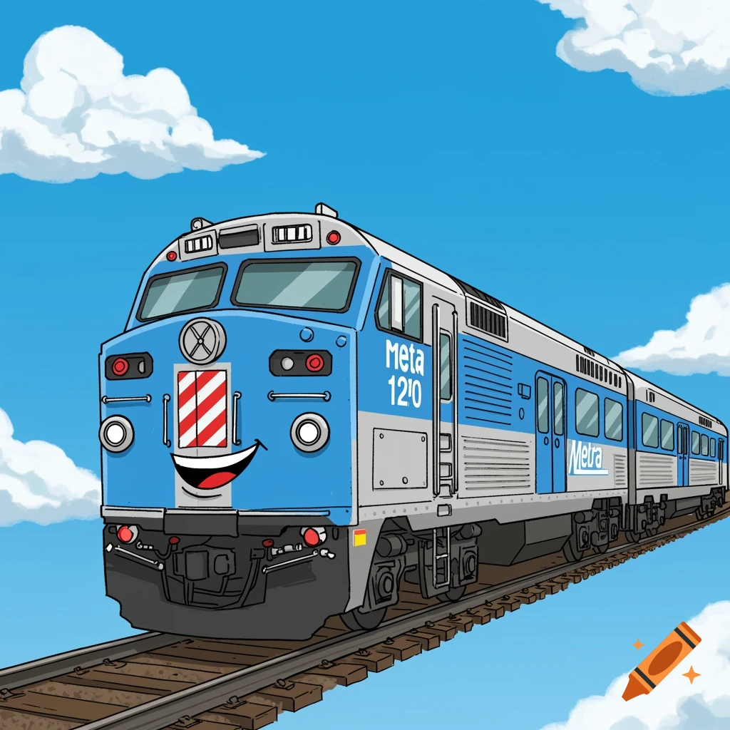 Cartoon illustration of a smiling blue and silver train on railroad tracks under a blue sky.