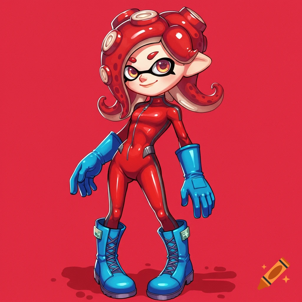 Octoling from Splatoon wearing a red suit, blue gloves, and blue boots against a red background.