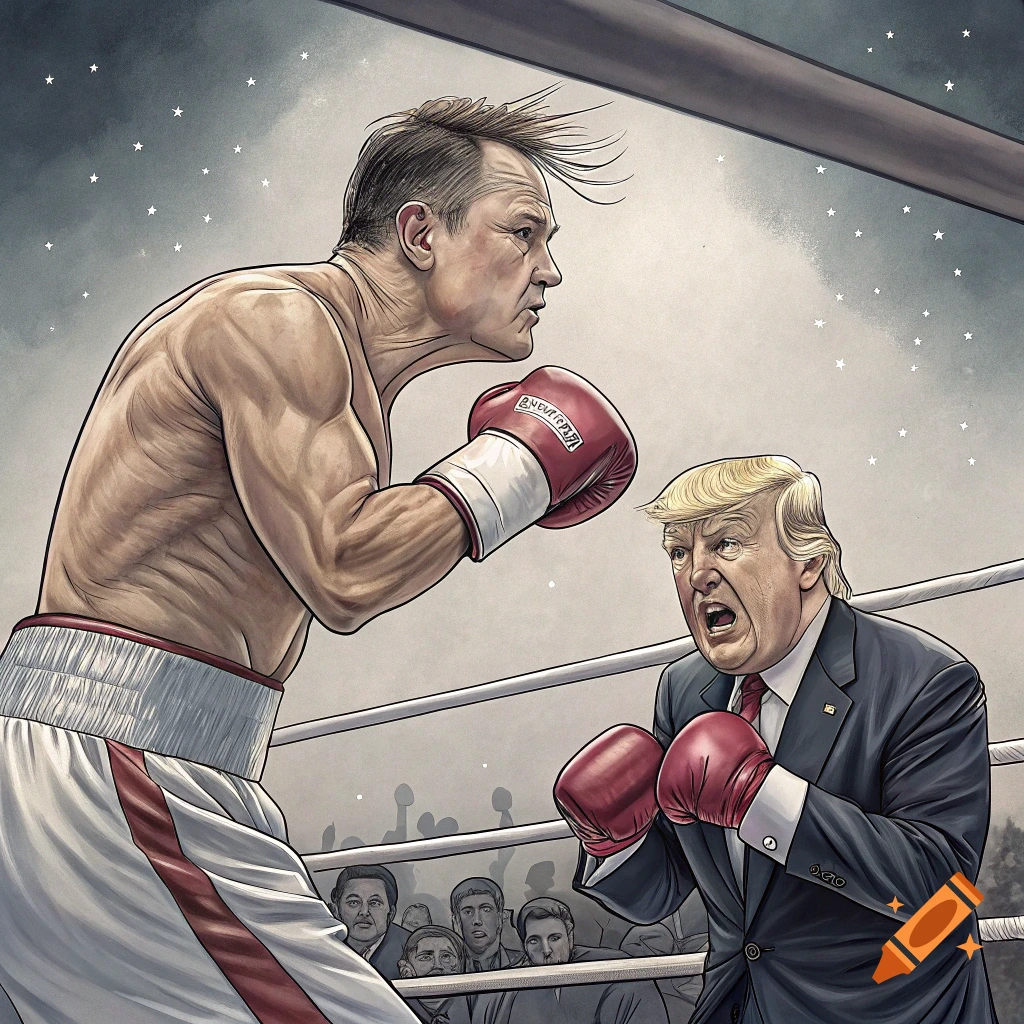 Cartoon illustration of two men boxing in a ring.