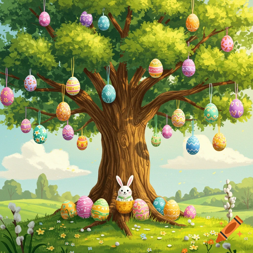 A tree full of hanging Easter eggs, with a rabbit and eggs at the base, in a spring landscape.
