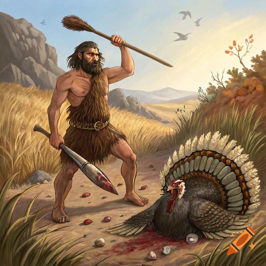 Illustration of a prehistoric caveman standing over a dead turkey he killed, holding a spear and bloody club.