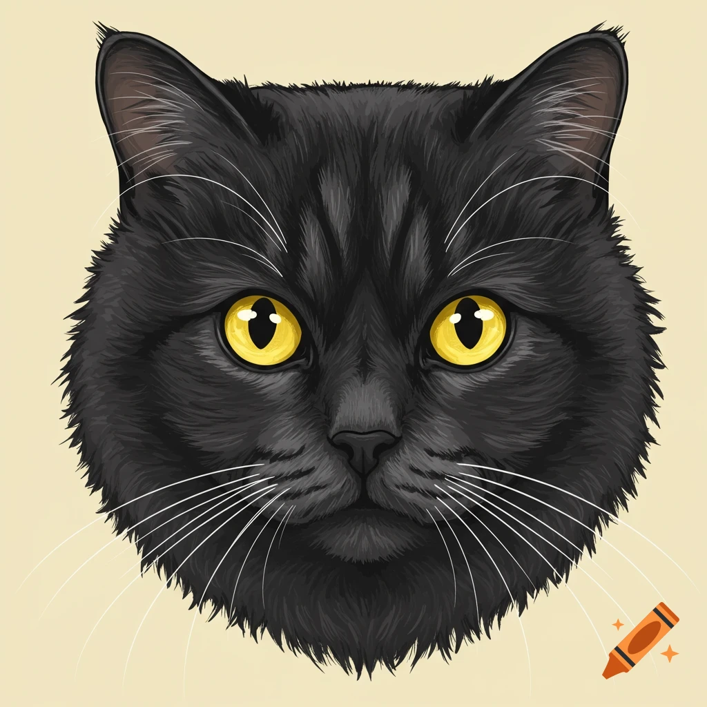 Close-up illustration of a black cat's face with bright yellow eyes, retro style.