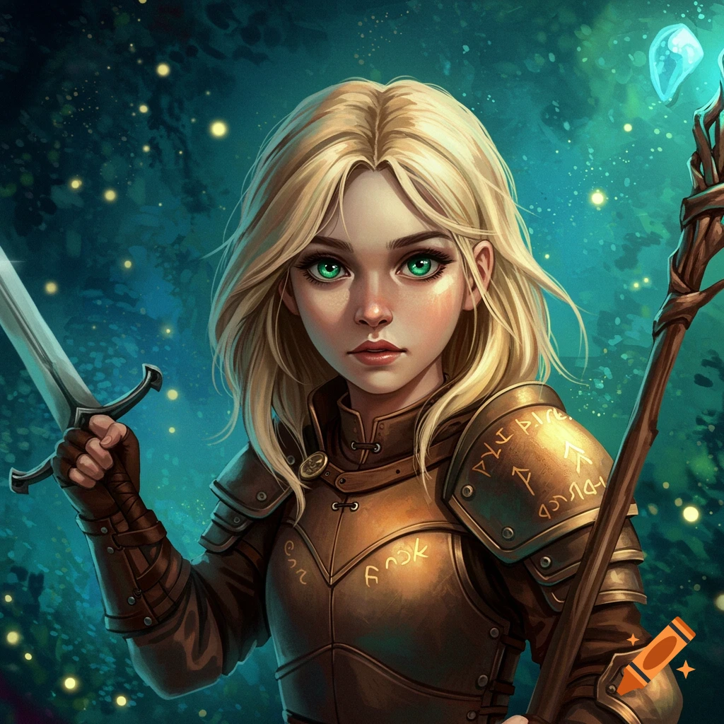 A young blonde fantasy character in gold armor stands in a forest, holding a sword and glowing staff.