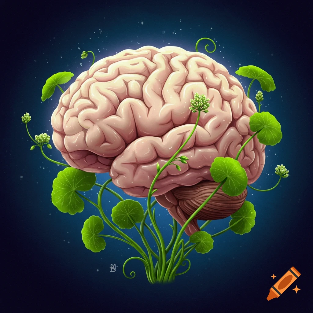 Human brain with green plants and leaves growing from it on a dark background with light specks.