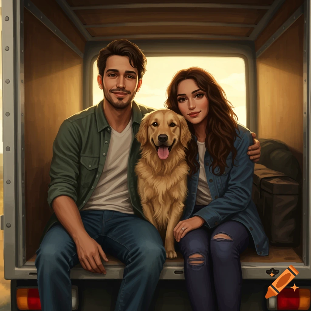 A couple and their golden retriever sit together in the back of a moving truck at sunset.