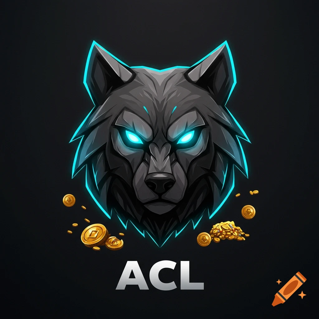 A stylized gray wolf head with glowing blue eyes and gold coins, with the text ACL below, on a black background.