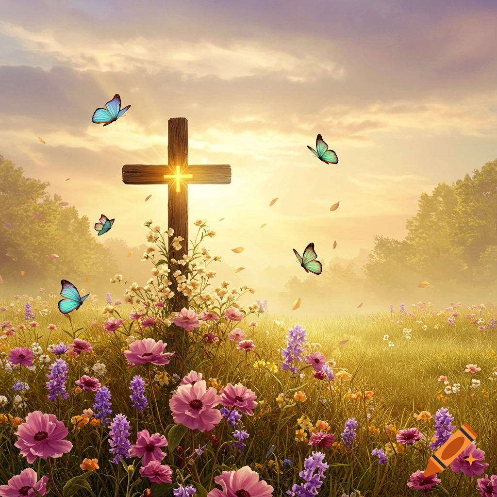 A wooden cross surrounded by flowers and butterflies in a field at sunset.