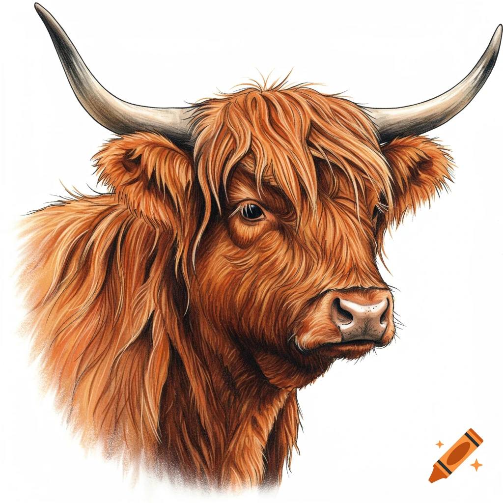 Headshot drawing of a Highland cow with long shaggy hair and horns.