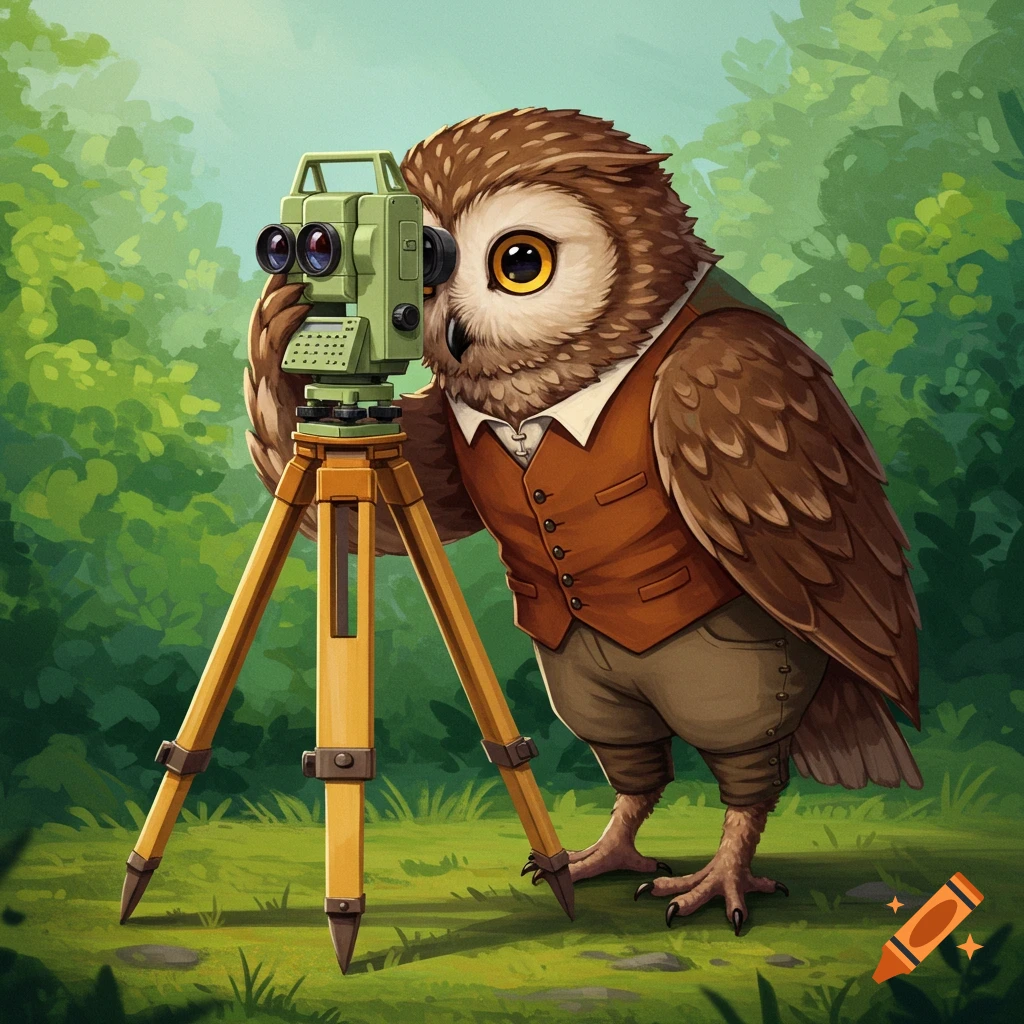 An anthropomorphic owl wearing a vest and pants, looking through a surveyor's total station on a tripod.
