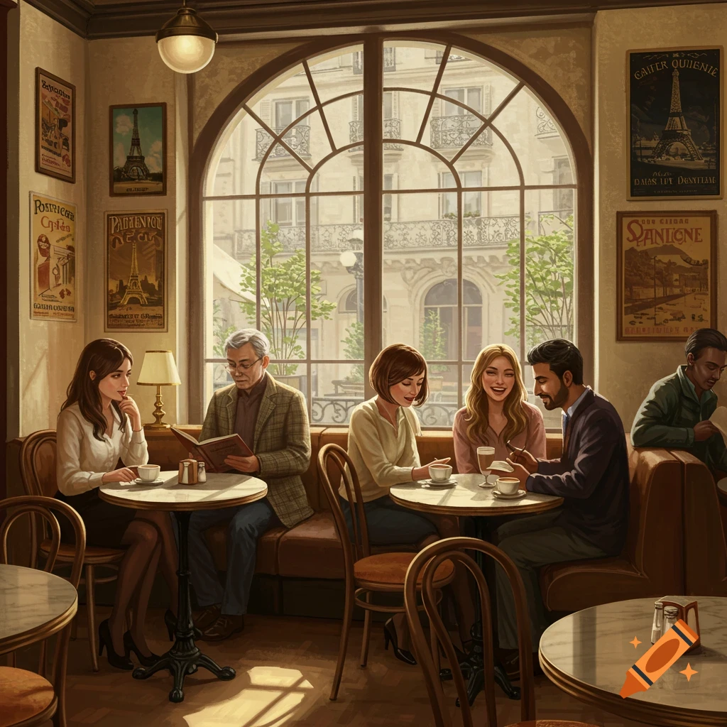 People are sitting at tables in a sunny cafe with posters on the wall.