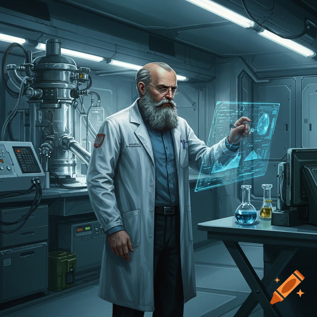 A bearded scientist in a lab coat looking at a holographic display in a futuristic laboratory.
