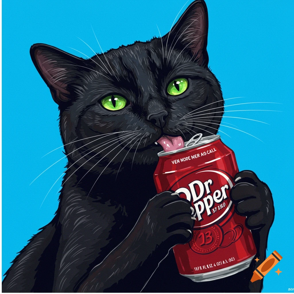 A black cat is licking a red soda can.