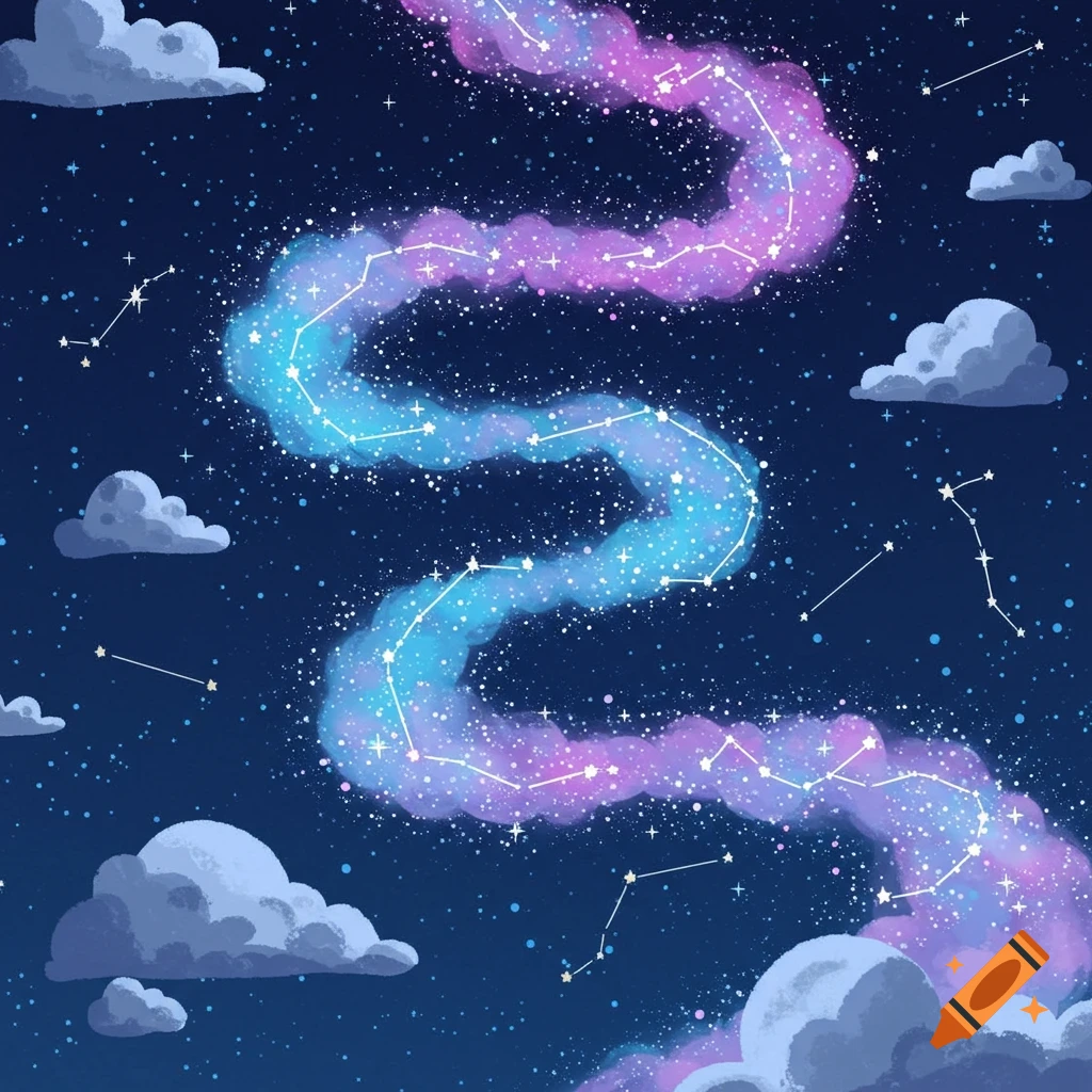 Cartoon illustration of a night sky with a colorful Milky Way, constellations, and clouds.