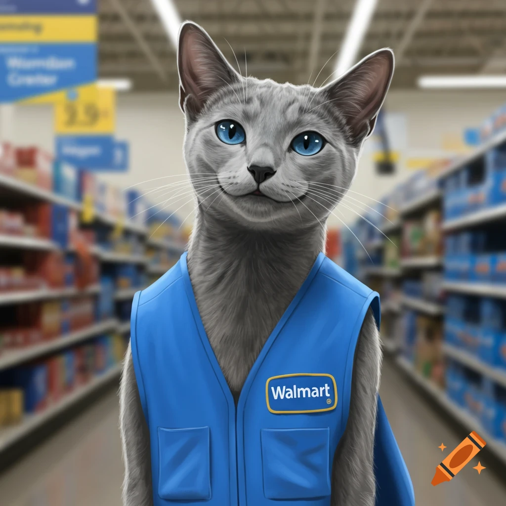 A Russian blue cat wearing a blue Walmart greeter vest is standing in a supermarket aisle.