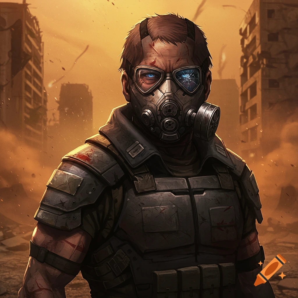 Anime style illustration of a person in a gas mask in an apocalyptic city.