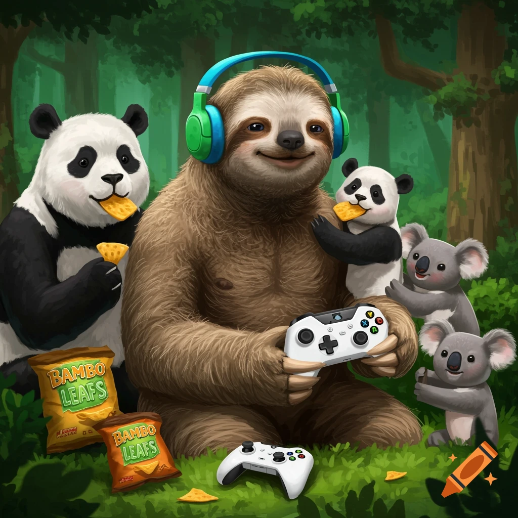 Illustration of a sloth, pandas, and koalas playing video games and eating chips in a forest.