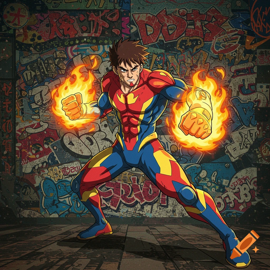 Anime style man with flaming fists in a red, blue, and yellow suit stands against a graffiti wall.