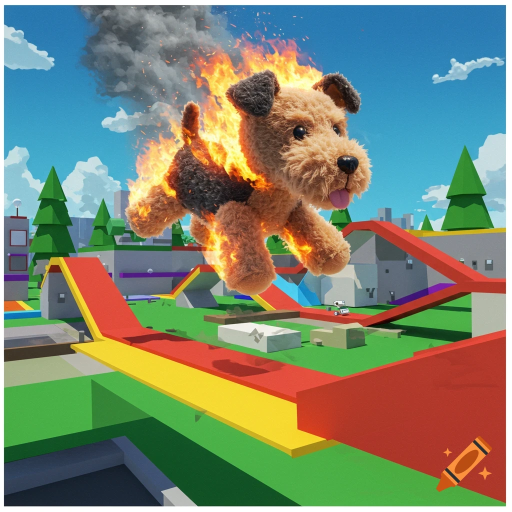 A toy dog on fire is flying over a colorful game obstacle course.