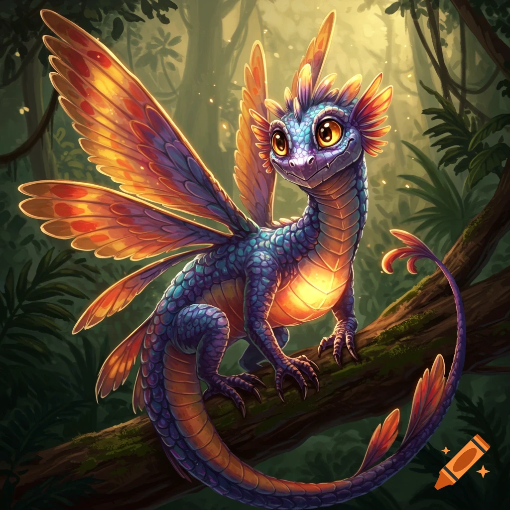 A cute, colorful fantasy creature with butterfly wings sits on a tree branch in a forest.
