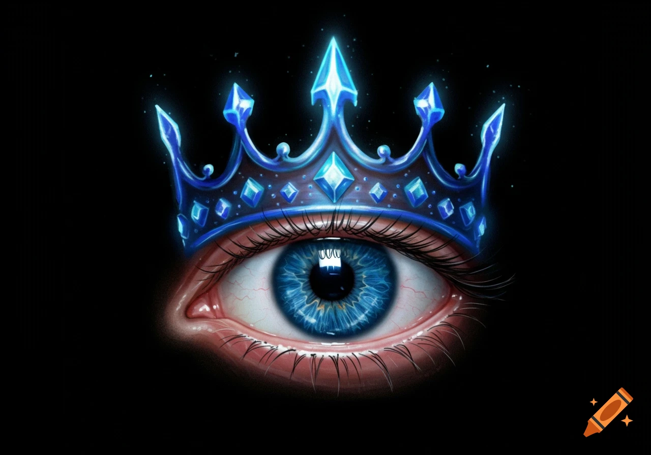 A blue eye with a glowing blue jeweled crown floating above it against a black background.
