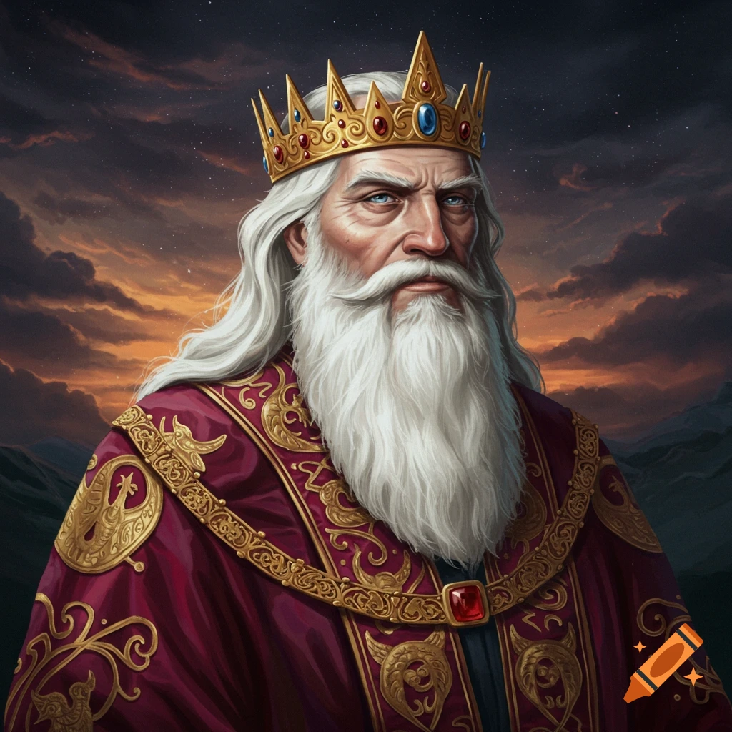 An old king with a white beard and gold crown wearing a red and gold robe against a sunset sky.