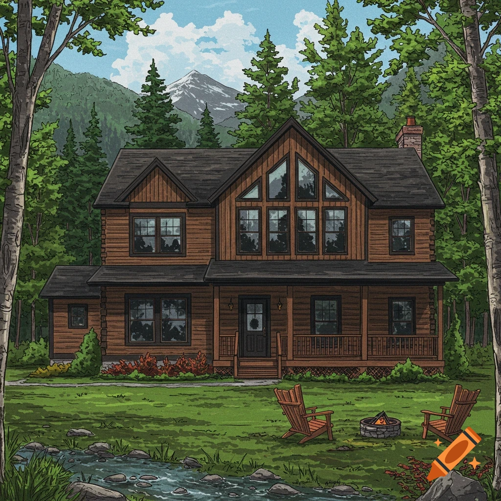 A two-story wooden cabin with large windows and porch sits in a yard by a stream, with a fire pit and chairs, surrounded by trees and mountains.